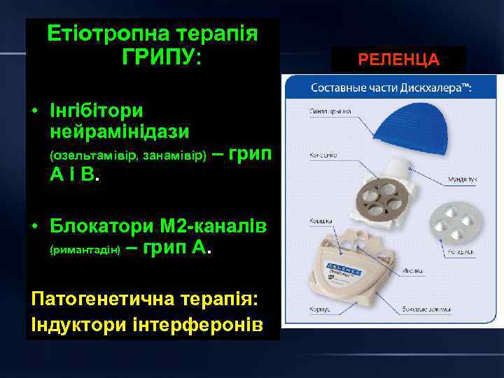 Етіотропна терапія ГРИПУ: • Інгібітори нейрамінідази (озельтамівір, занамівір) А і В. – грип •