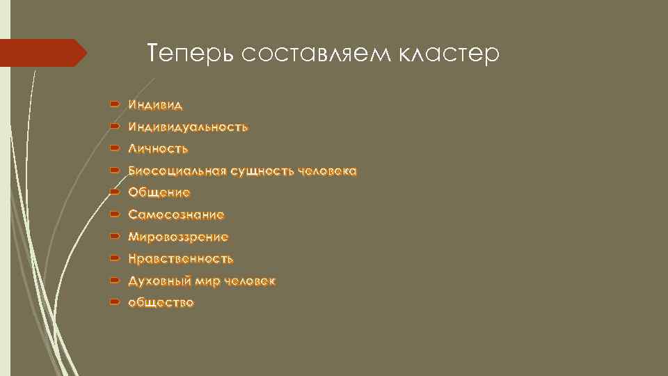 Теперь составляем кластер Индивидуальность Личность Биосоциальная сущность человека Общение Самосознание Мировоззрение Нравственность Духовный мир