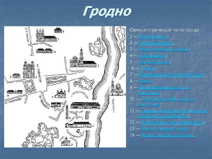 Гродно Схема исторической части города 1 — Старый замок; 2 — Нижняя церковь; 3