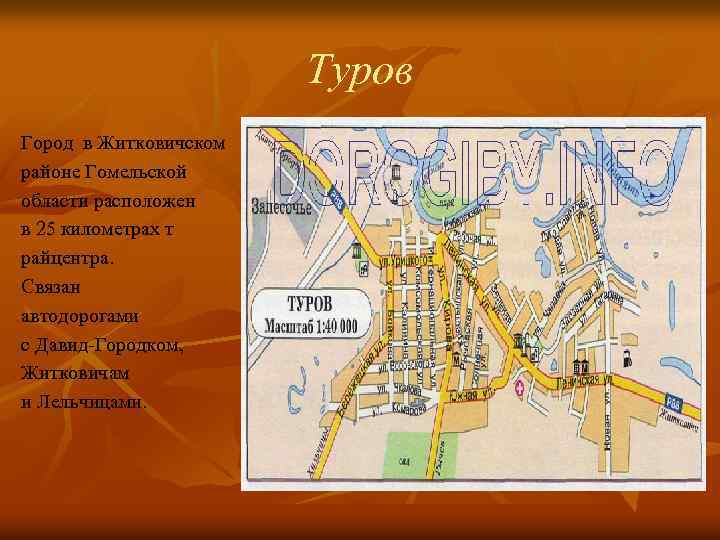 Туров Город в Житковичском районе Гомельской области расположен в 25 километрах т райцентра. Связан