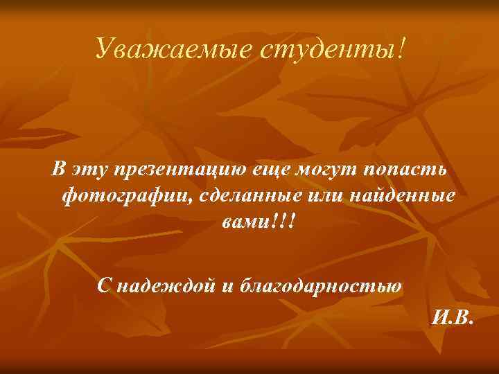 Уважаемые студенты! В эту презентацию еще могут попасть фотографии, сделанные или найденные вами!!! С