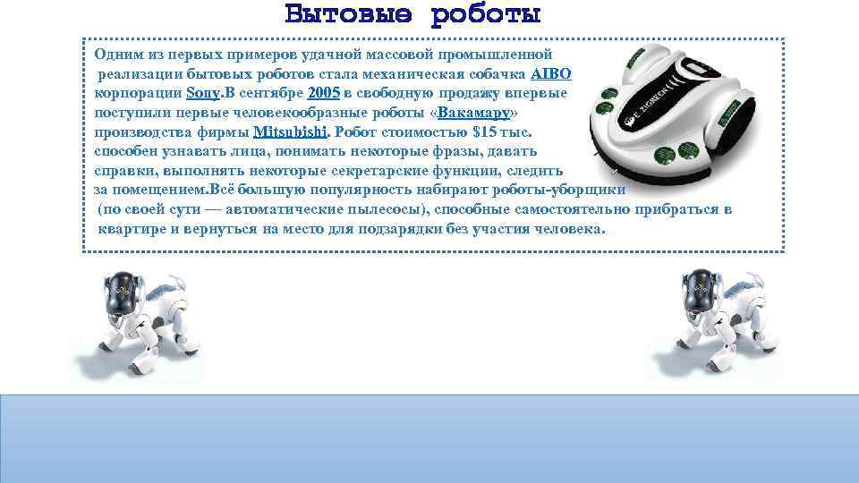 Одним из первых примеров удачной массовой промышленной реализации бытовых роботов стала механическая собачка AIBO