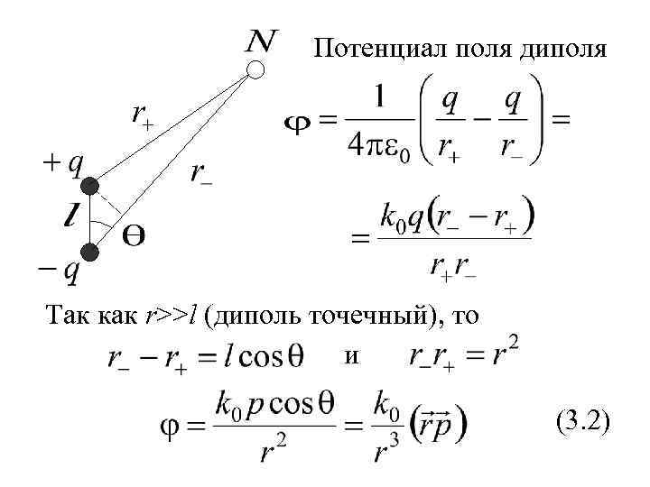 Потенциал поля диполя Так как r>>l (диполь точечный), то и (3. 2) 