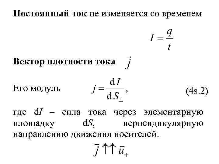 Постоянный ток не изменяется со временем Вектор плотности тока Его модуль (4 s. 2)