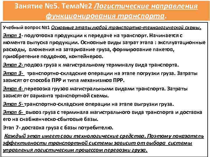 Занятие № 5. Тема№ 2 Логистические направления функционирования транспорта. Учебный вопрос № 1 Основные