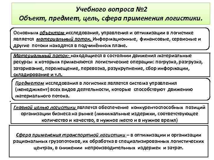 Учебного вопроса № 2 Объект, предмет, цель, сфера применения логистики. Основным объектом исследования, управления