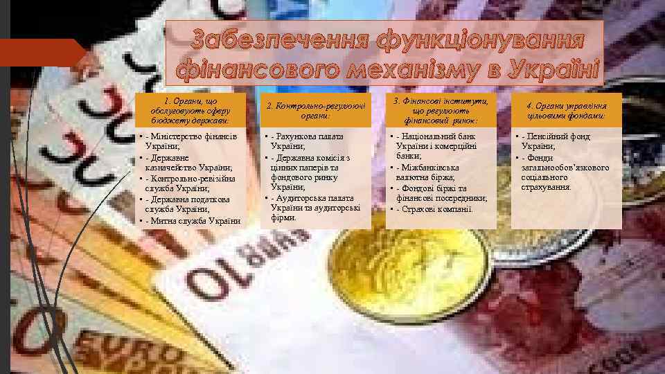 Забезпечення функціонування фінансового механізму в Україні 1. Органи, що обслуговують сферу бюджету держави: •