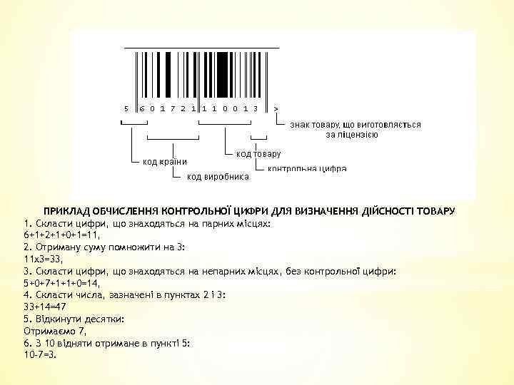 ПРИКЛАД ОБЧИСЛЕННЯ КОНТРОЛЬНОЇ ЦИФРИ ДЛЯ ВИЗНАЧЕННЯ ДІЙСНОСТІ ТОВАРУ 1. Скласти цифри, що знаходяться на