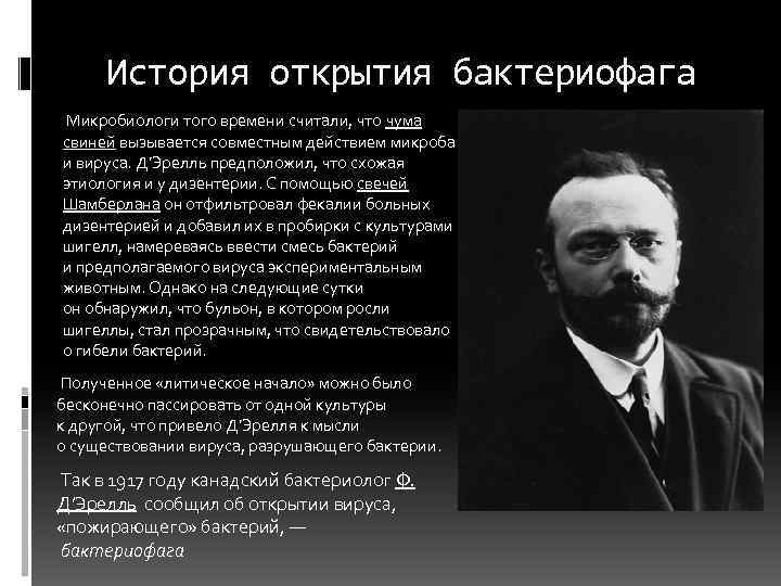 История открытия бактериофага Микробиологи того времени считали, что чума свиней вызывается совместным действием микроба