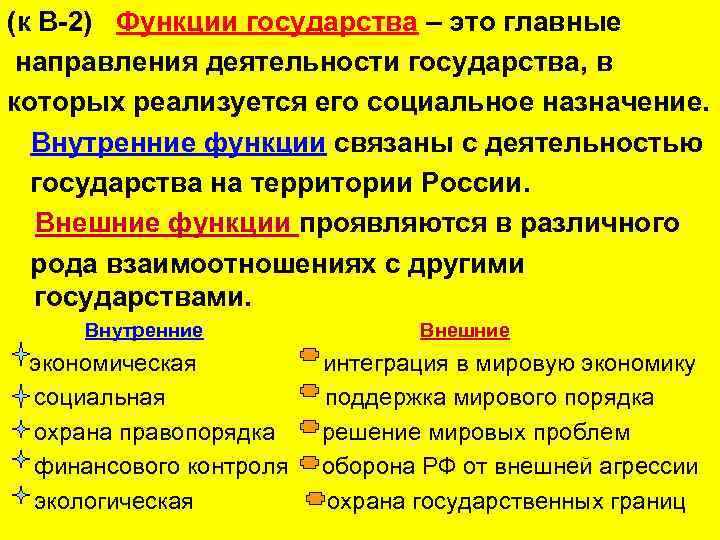 (к В-2) Функции государства – это главные направления деятельности государства, в которых реализуется его