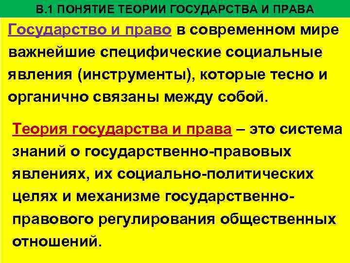 В. 1 ПОНЯТИЕ ТЕОРИИ ГОСУДАРСТВА И ПРАВА Государство и право в современном мире важнейшие