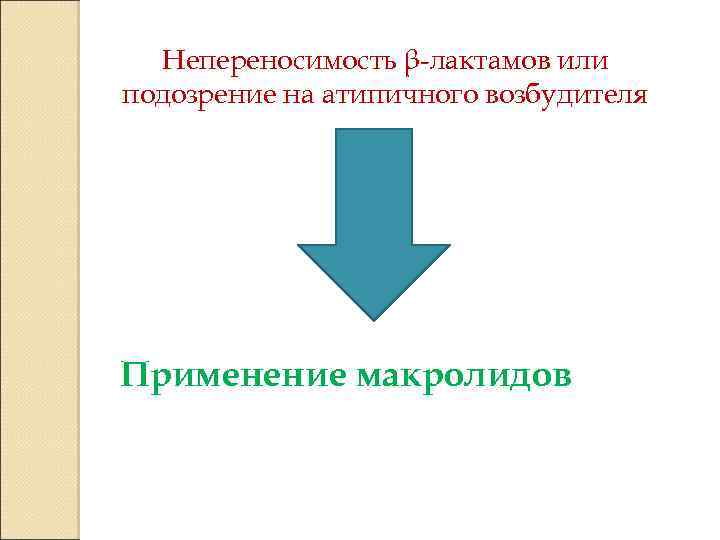 Непереносимость β-лактамов или подозрение на атипичного возбудителя Применение макролидов 