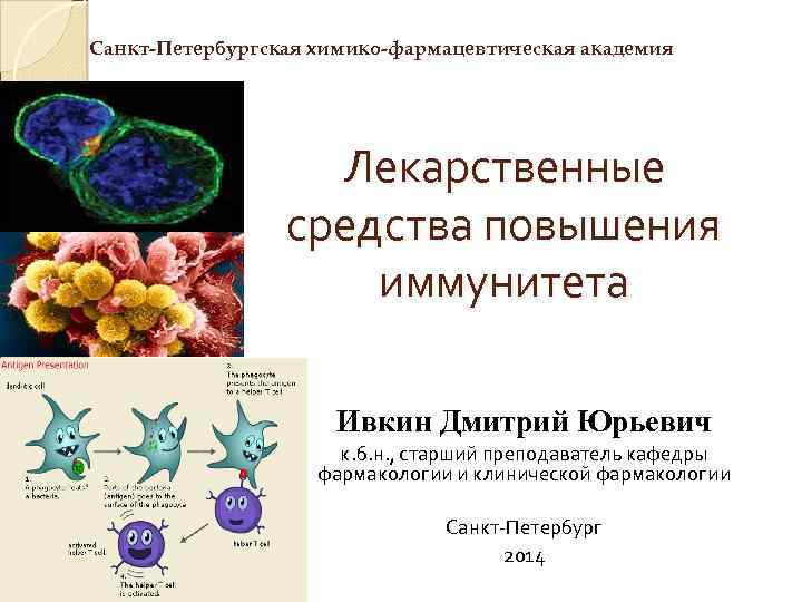 Санкт-Петербургская химико-фармацевтическая академия Лекарственные средства повышения иммунитета Ивкин Дмитрий Юрьевич к. б. н. ,