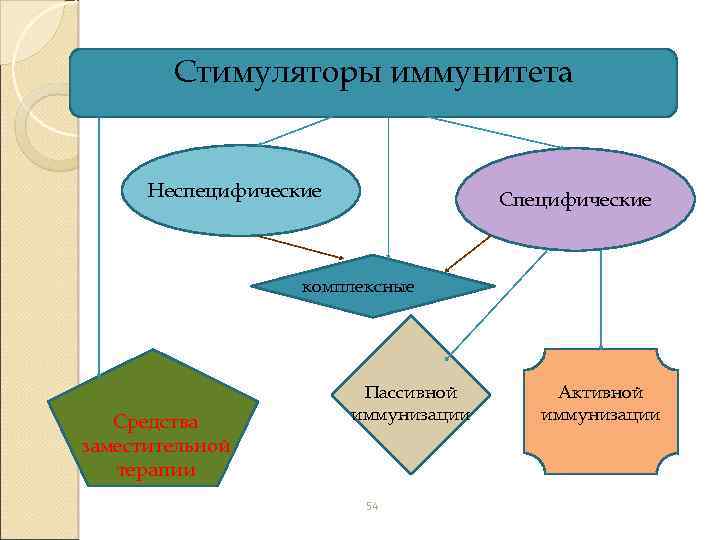 Стимуляторы иммунитета Неспецифические Специфические комплексные Средства заместительной терапии Пассивной иммунизации 54 Активной иммунизации 