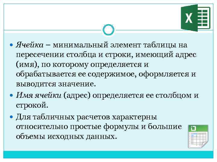  Ячейка – минимальный элемент таблицы на пересечении столбца и строки, имеющий адрес (имя),