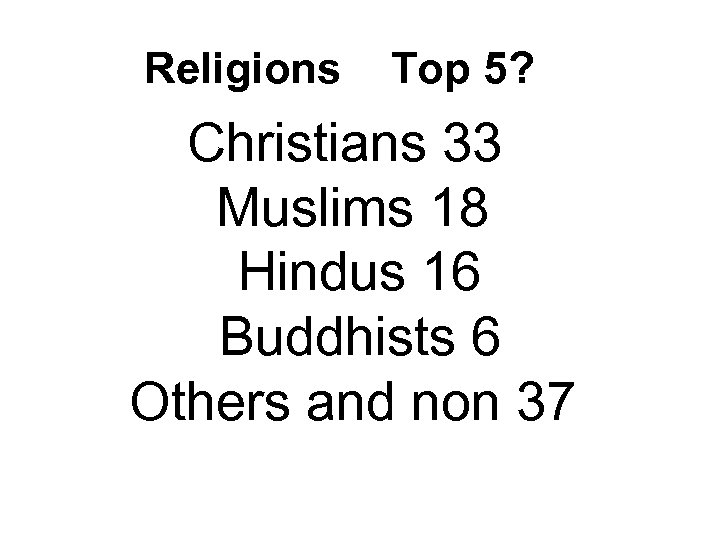 Religions Top 5? Christians 33 Muslims 18 Hindus 16 Buddhists 6 Others and non