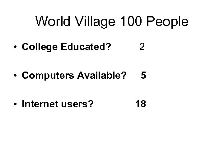 World Village 100 People • College Educated? 2 • Computers Available? 5 • Internet