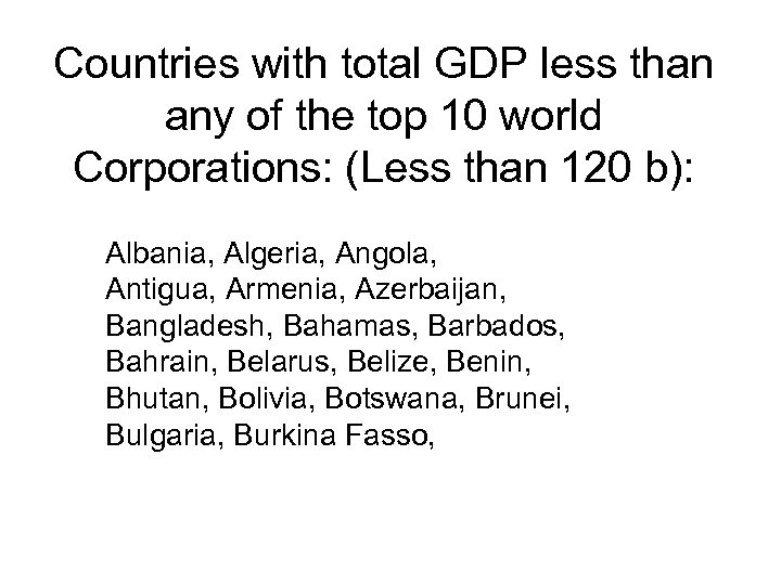 Countries with total GDP less than any of the top 10 world Corporations: (Less