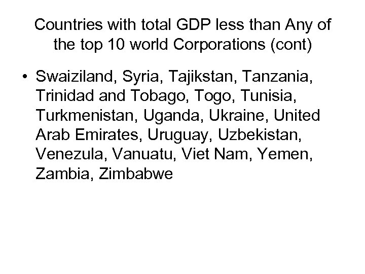 Countries with total GDP less than Any of the top 10 world Corporations (cont)