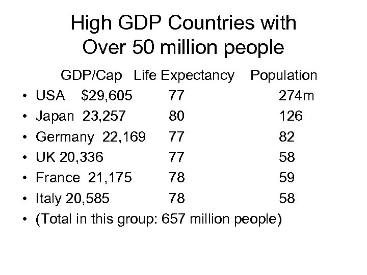 High GDP Countries with Over 50 million people • • GDP/Cap Life Expectancy Population