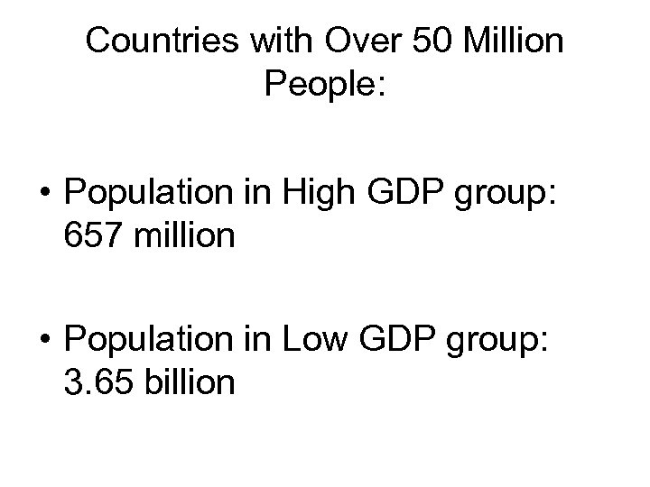 Countries with Over 50 Million People: • Population in High GDP group: 657 million