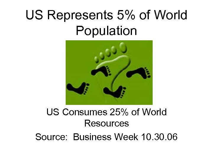 US Represents 5% of World Population US Consumes 25% of World Resources Source: Business