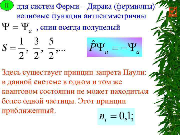 II для систем Ферми – Дирака (фермионы) волновые функции антисимметричны , спин всегда полуцелый