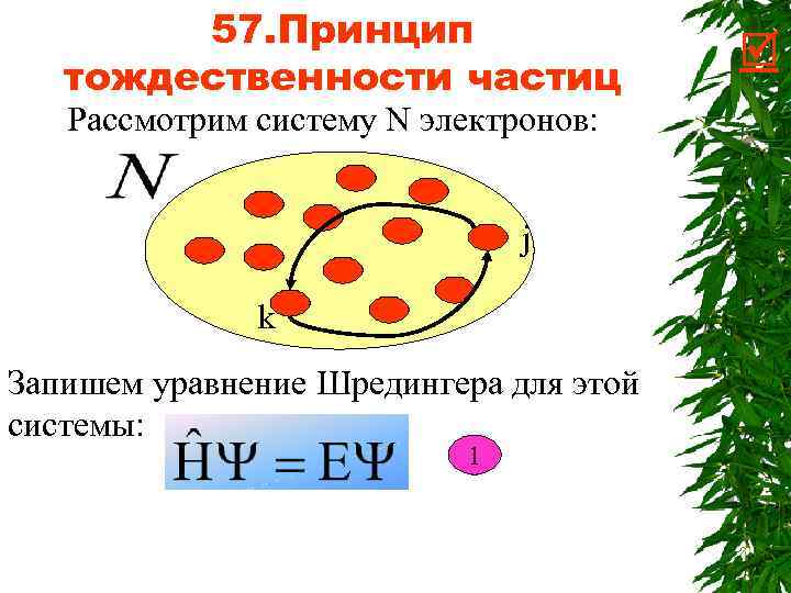 57. Принцип тождественности частиц Рассмотрим систему N электронов: j k Запишем уравнение Шредингера для