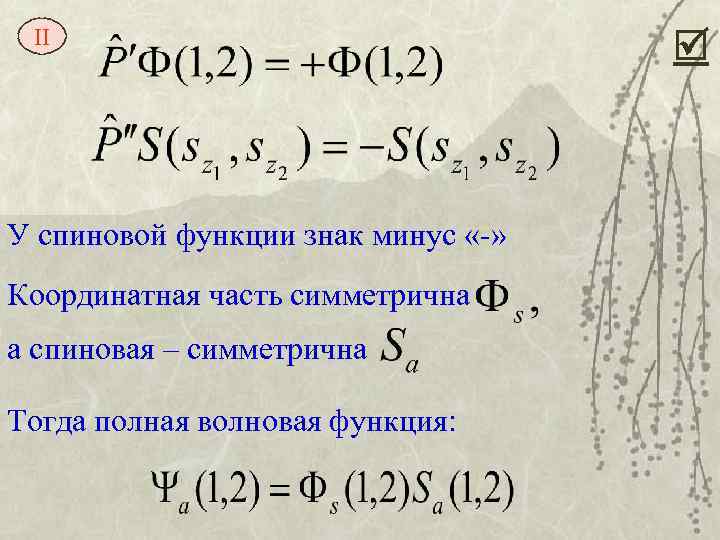 II У спиновой функции знак минус «-» Координатная часть симметрична а спиновая – симметрична