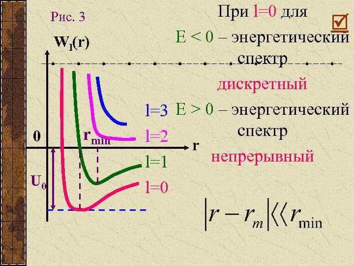 Рис. 3 Wl(r) 0 U 0 rmin При l=0 для Е < 0 –