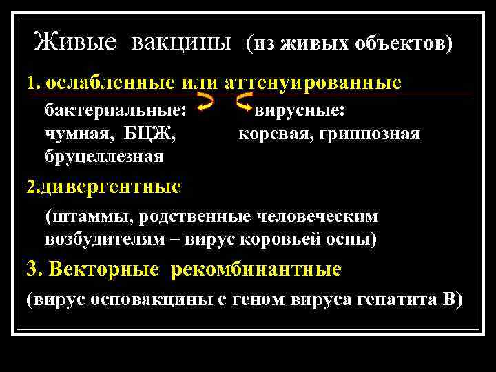 Живые вакцины (из живых объектов) 1. ослабленные или аттенуированные бактериальные: вирусные: чумная, БЦЖ, коревая,