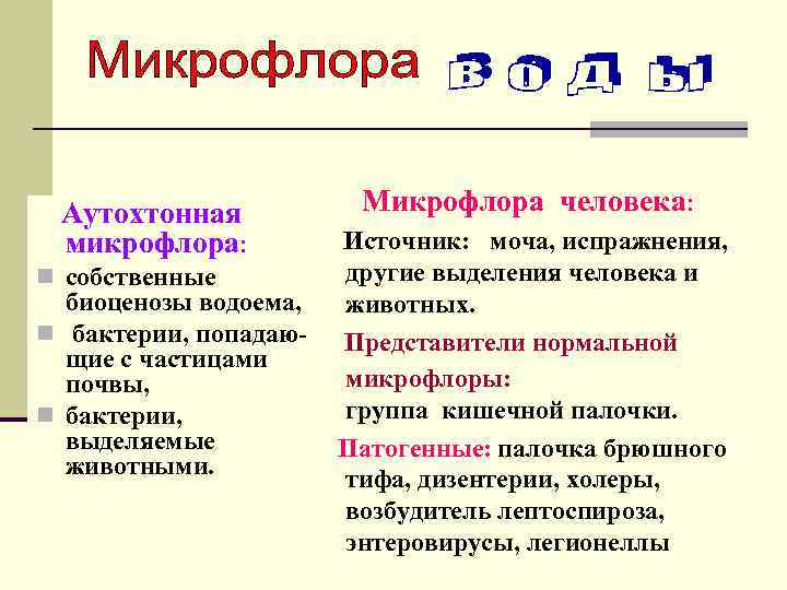 Аутохтонная микрофлора: n собственные биоценозы водоема, n бактерии, попадающие с частицами почвы, n бактерии,