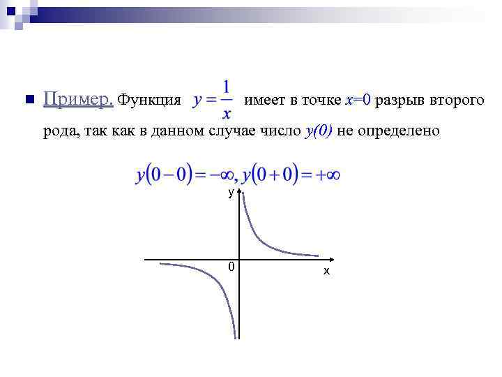 n Пример. Функция имеет в точке х=0 разрыв второго рода, так как в данном