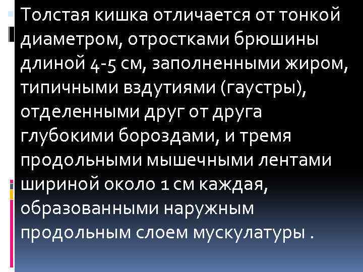  Толстая кишка отличается от тонкой диаметром, отростками брюшины длиной 4 -5 см, заполненными