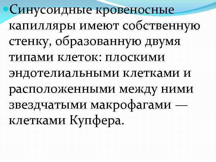  Синусоидные кровеносные капилляры имеют собственную стенку, образованную двумя типами клеток: плоскими эндотелиальными клетками