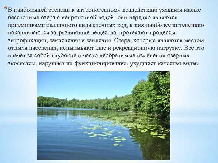 * В наибольшей степени к антропогенному воздействию уязвимы малые бессточные озера с непроточной водой: