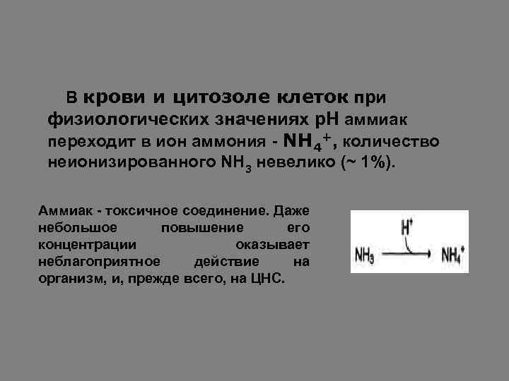  В крови и цитозоле клеток при физиологических значениях р. Н аммиак переходит в