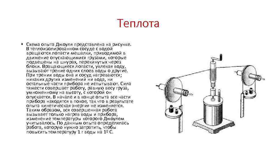 Теплота • Схема опыта Джоуля представлена на рисунке. В теплоизолированном сосуде с водой вращаются