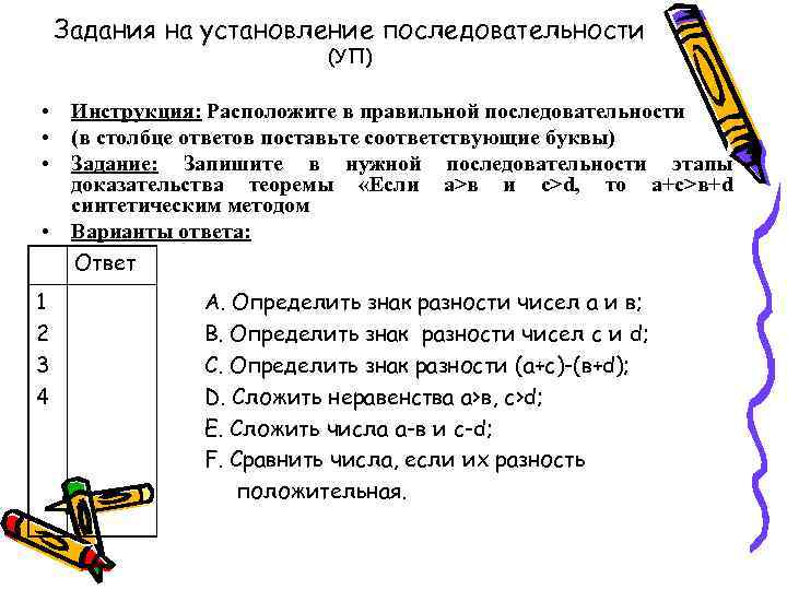 Задания на установление последовательности (УП) • Инструкция: Расположите в правильной последовательности • (в столбце