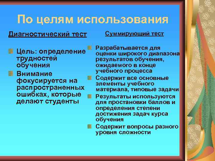 По целям использования Диагностический тест Цель: определение трудностей обучения Внимание фокусируется на распространенных ошибках,