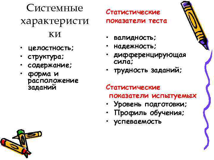 Системные характеристи ки • • целостность; структура; содержание; форма и расположение заданий Статистические показатели