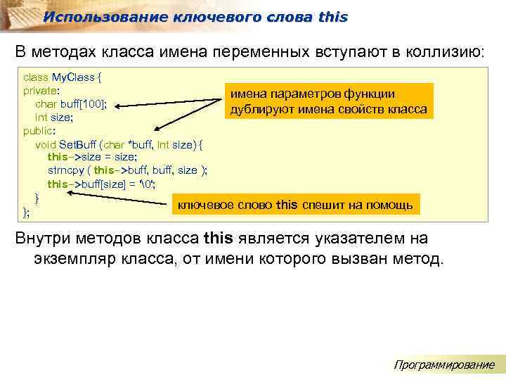 Использование ключевого слова this В методах класса имена переменных вступают в коллизию: class My.