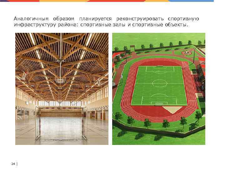 Аналогичным образом планируется реконструировать спортивную инфраструктуру района: спортивные залы и спортивные объекты. 24 |