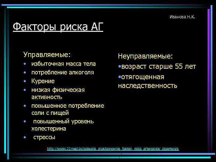 Иванова Н. К. Факторы риска АГ Управляемые: • • избыточная масса тела потребление алкоголя