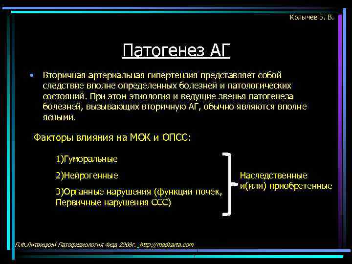 Колычев Б. В. Патогенез АГ • Вторичная артериальная гипертензия представляет собой следствие вполне определенных