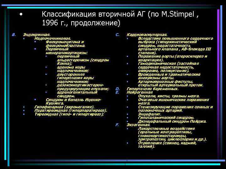  • B. Классификация вторичной АГ (по M. Stimpel , 1996 г. , продолжение)