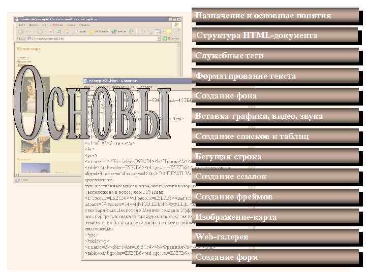 Назначение и основные понятия Структура HTML-документа Служебные теги Форматирование текста Создание фона Вставка графики,