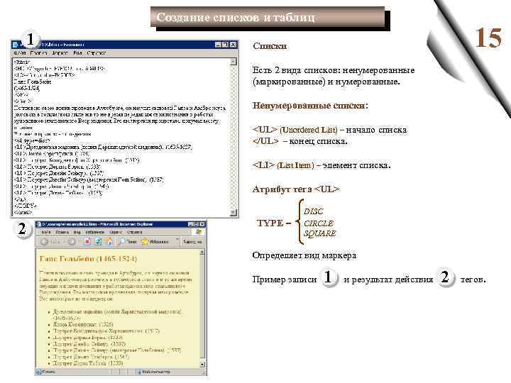 Создание списков и таблиц 1 15 Списки Есть 2 вида списков: ненумерованные (маркированные) и