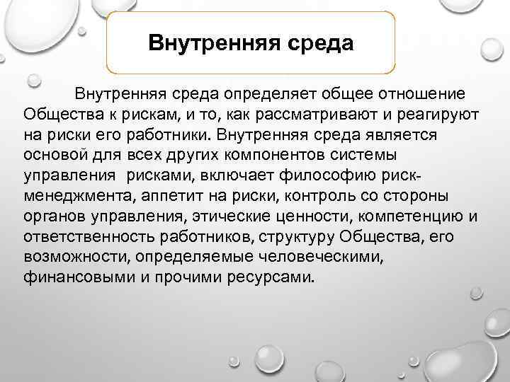 Внутренняя среда определяет общее отношение Общества к рискам, и то, как рассматривают и реагируют