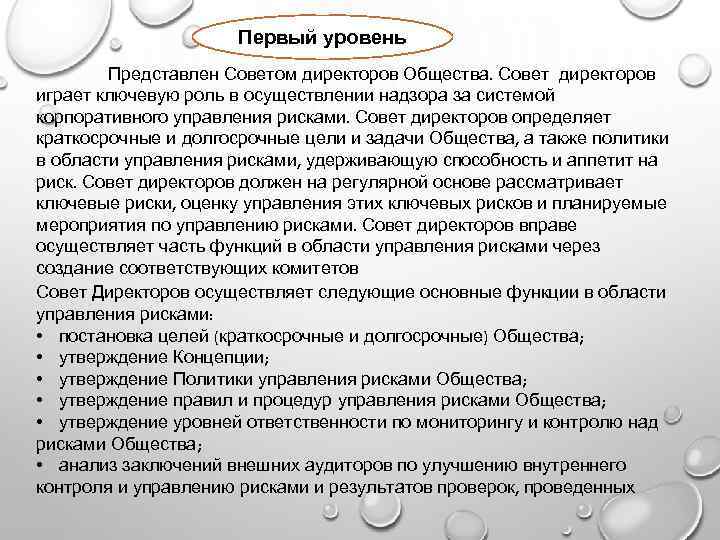 Первый уровень Представлен Советом директоров Общества. Совет директоров играет ключевую роль в осуществлении надзора